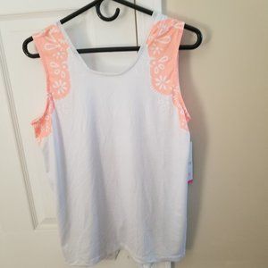 Women's Lucky In Love Twist Back Tie Tennis Tank Top Medium White/Tangerine